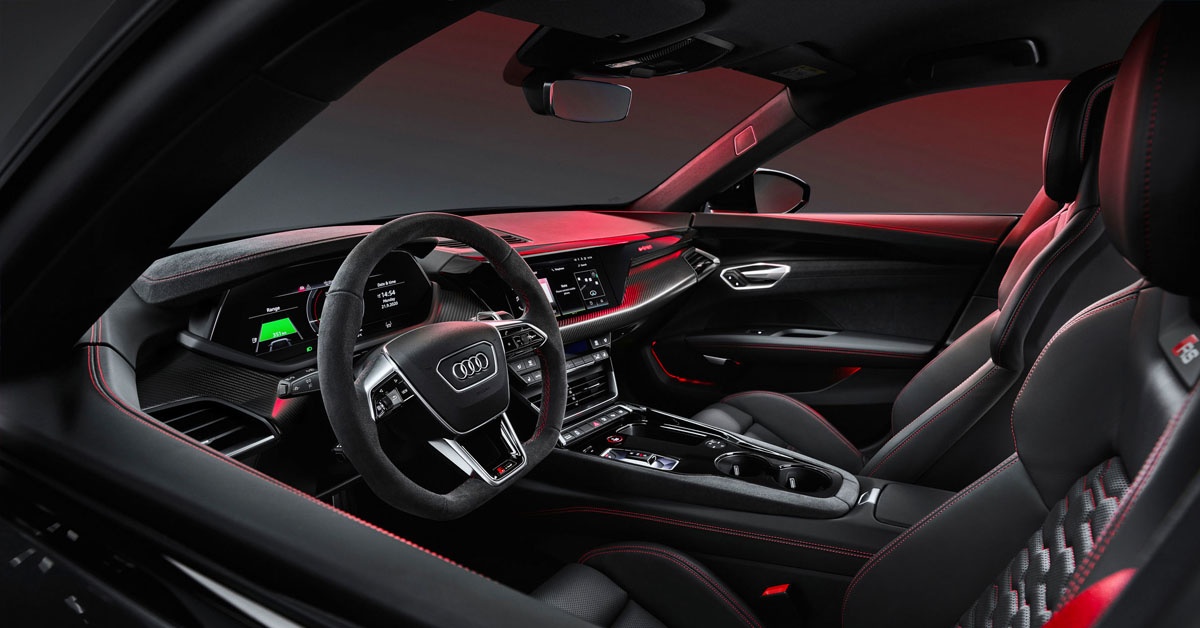 An interior image taken from outside of the car of the 2021 Audi e-tron GT