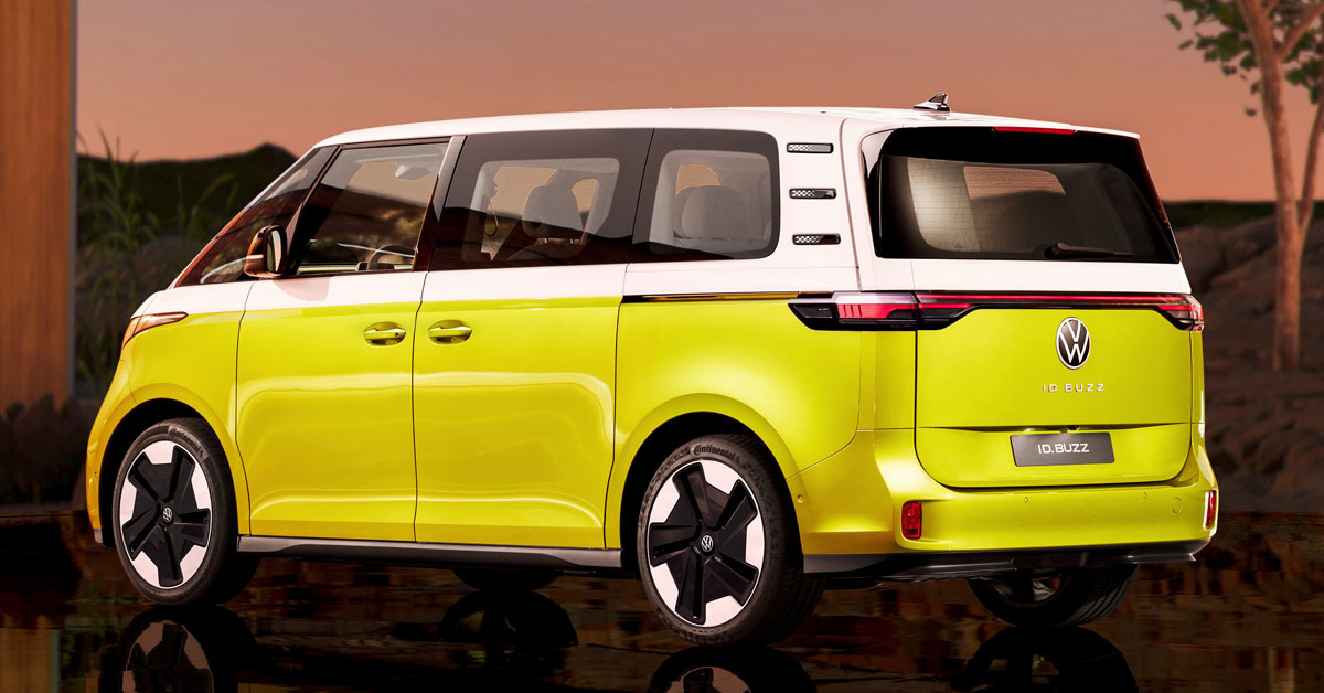 An image of the interior of the new 2022 Volkswagen ID. Buzz exterior from the side profile and rear