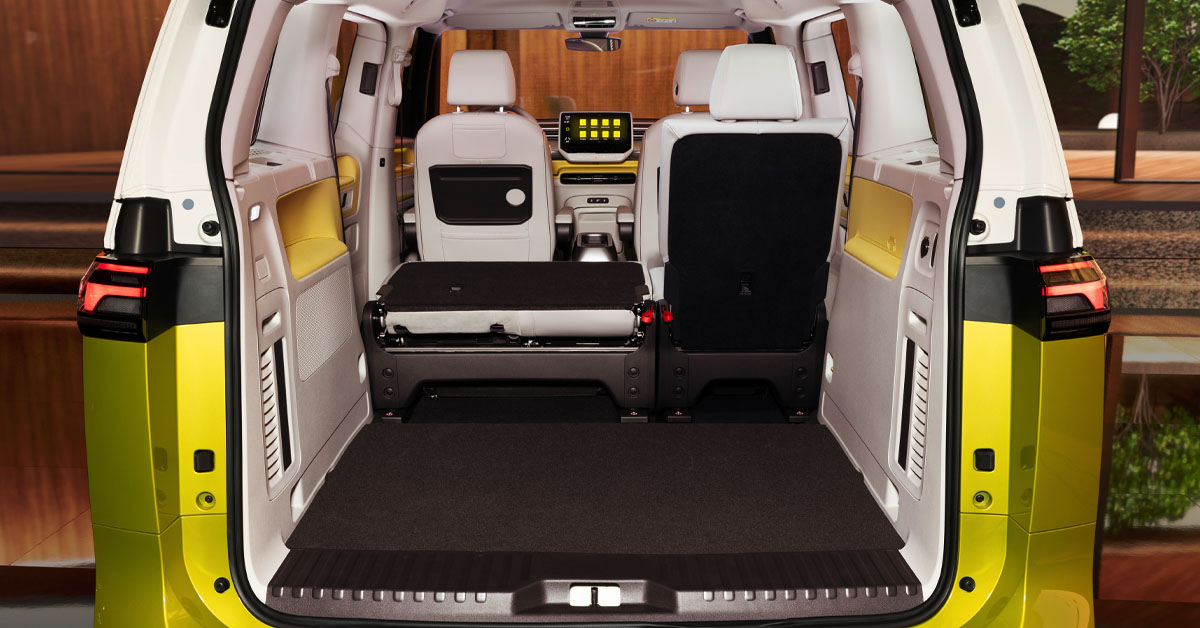 An image of the interior of the new 2022 Volkswagen ID. Buzz exterior from the rear with the boot door open