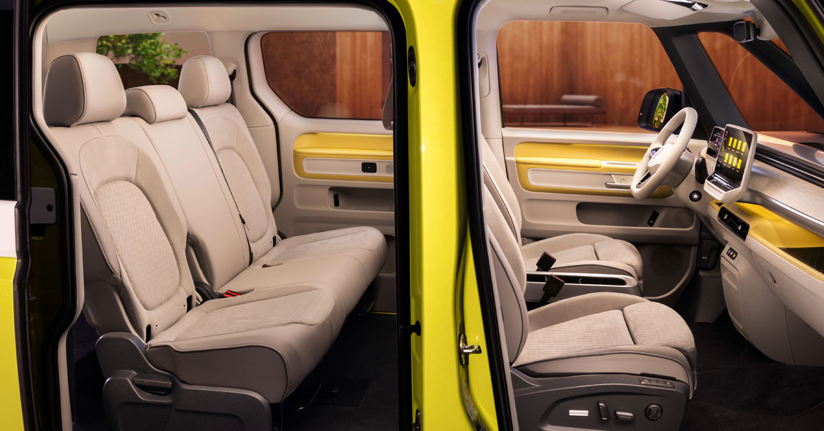 An image of the interior of the new 2022 Volkswagen ID. Buzz from the exterior showing the side doors open for a peer inside