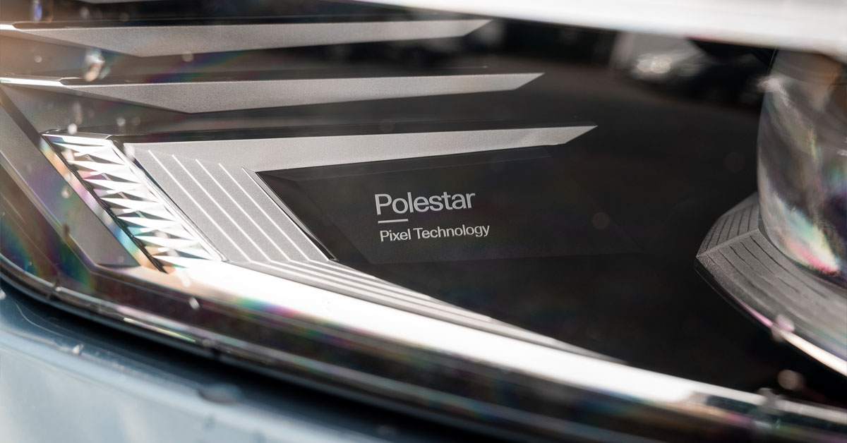 An image of a Polestar 2 headlights up close