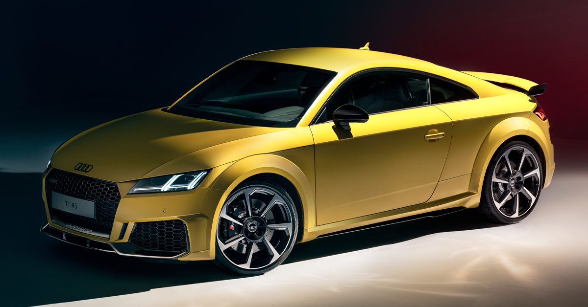 An image of a 2022 Audi TT RS in Python yellow matt paint