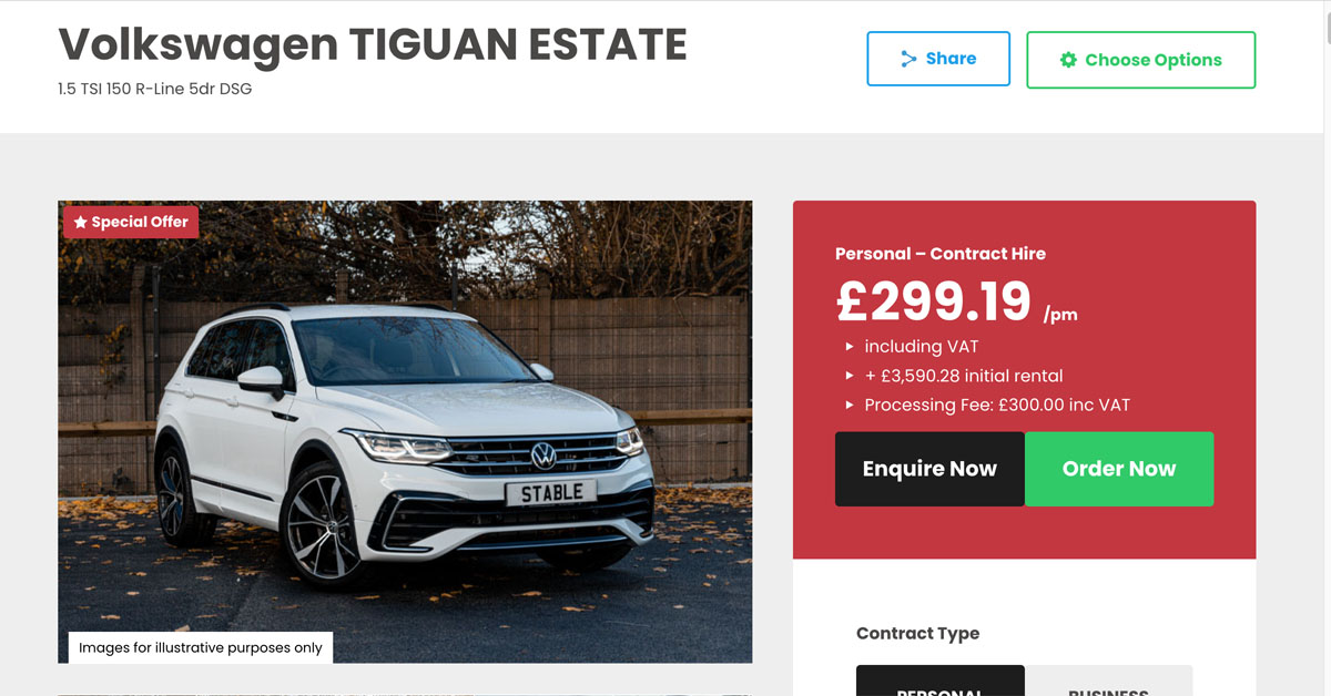 A screenshot of the Volkswagen Tiguan lease offer taken from our website