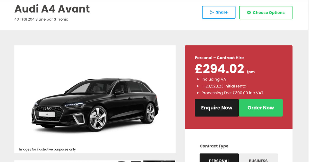 A screenshot of the Audi A4 Avant lease offer taken from our website