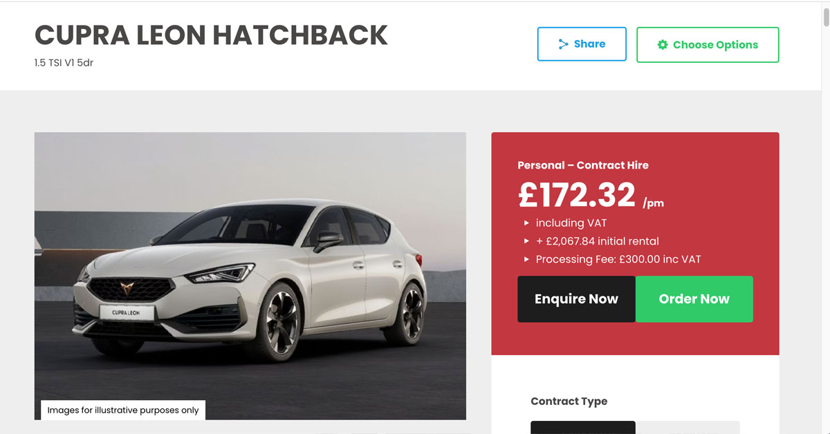 A screenshot of the CUPRA Leon lease offer taken from our website