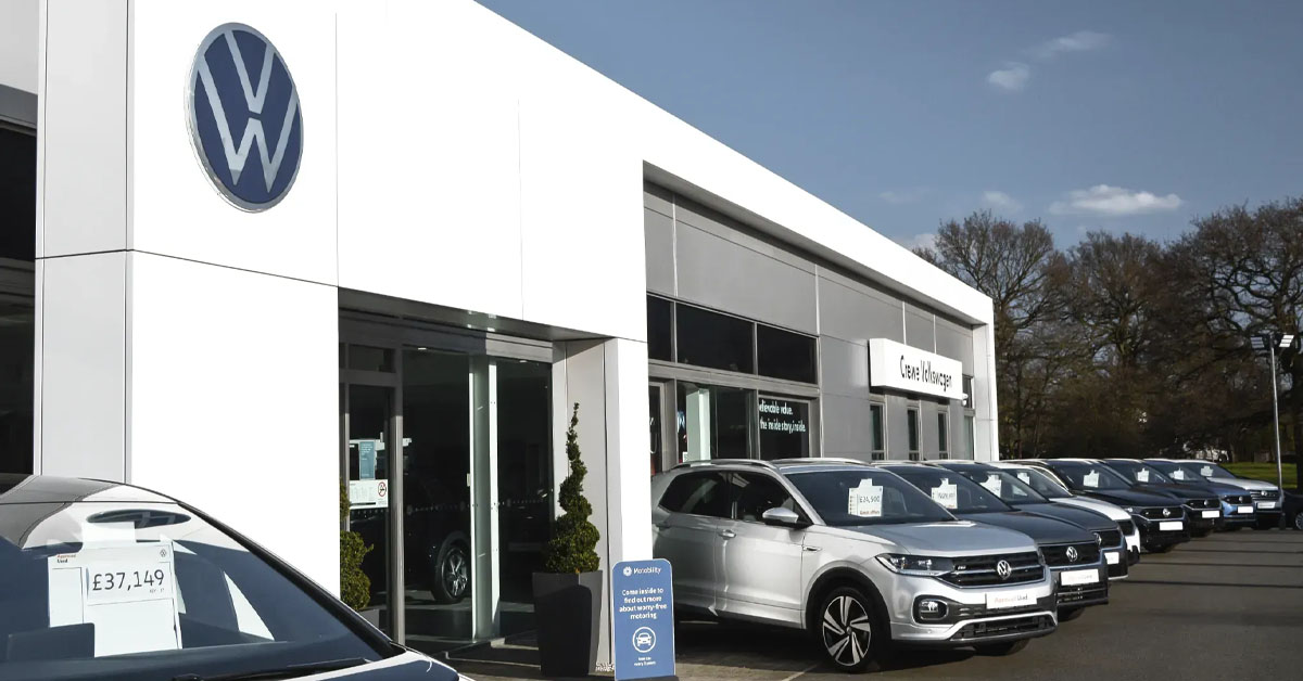 An image of Crewe Volkswagen dealership, owned by Swansway Garages who Stable Vehicle Contracts are part of