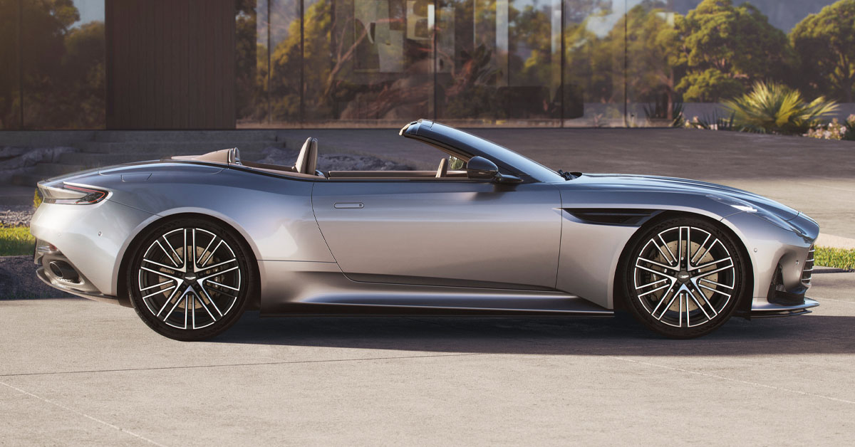 An new image of the 2023 Aston Martin Volante open-top super tourer showing the side profile and alloys