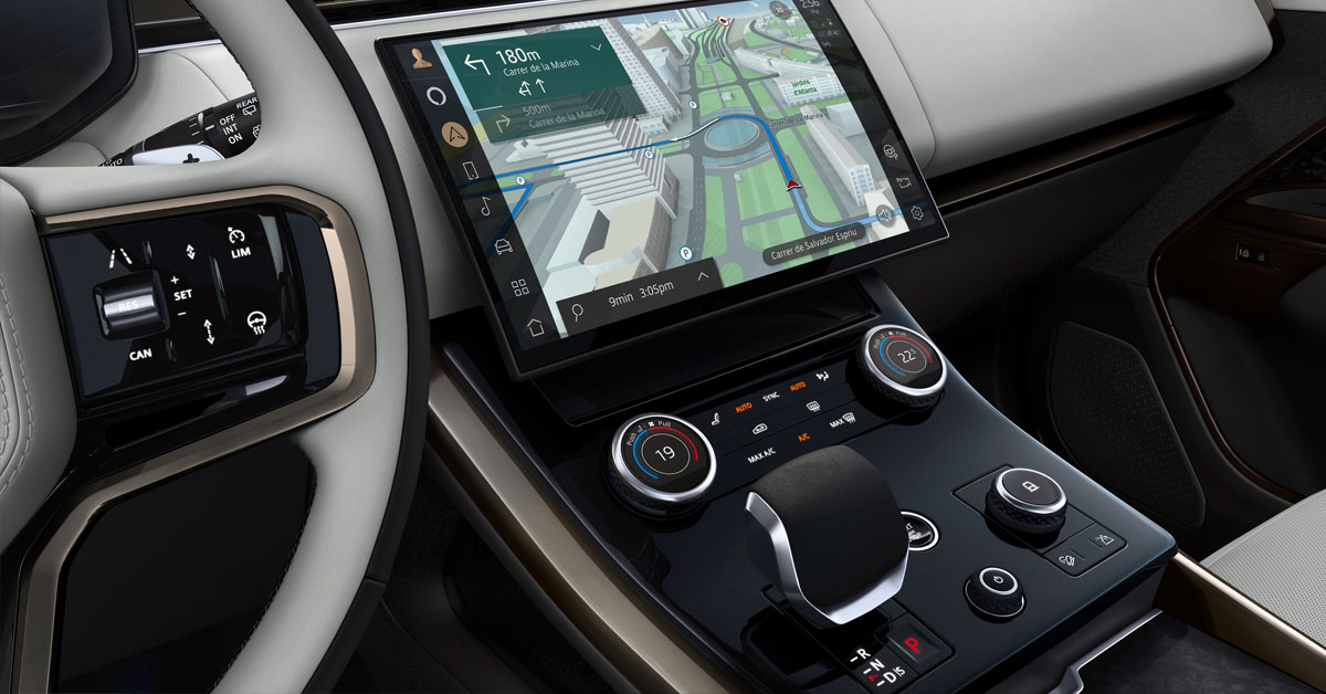 An image of the 2022 third-generation Range Rover Sport of the interior dashboard centre touch screen
