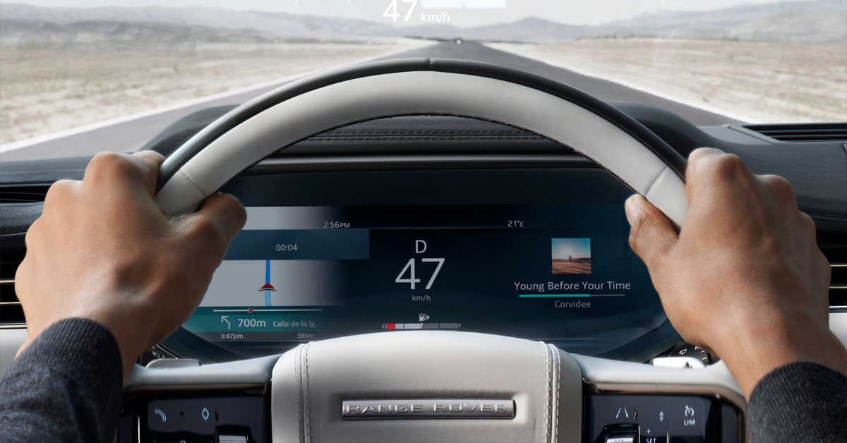 An image of the 2022 third-generation Range Rover Sport from the interior with a view of the steering wheel