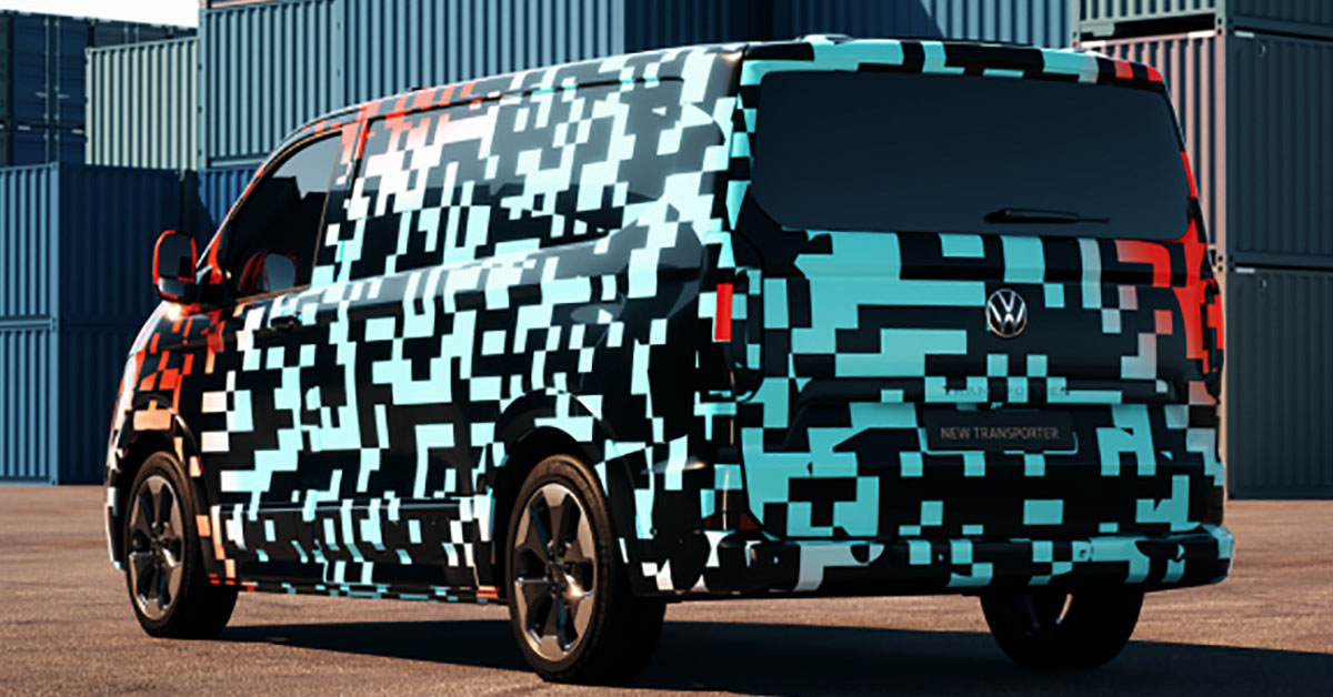A teaser image of the upcoming 2025 Volkswagen Transporter