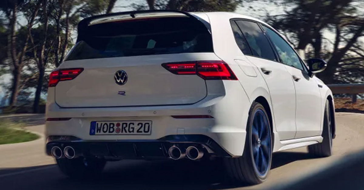 An image of the 2022 20th anniversary Volkswagen Golf R Mk8 from the rear