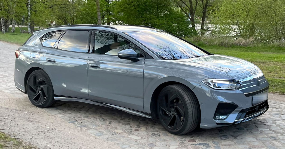 A leaked image showing the side profile and front end of the upcoming 2024 Volkswagen ID.7 estate electric car